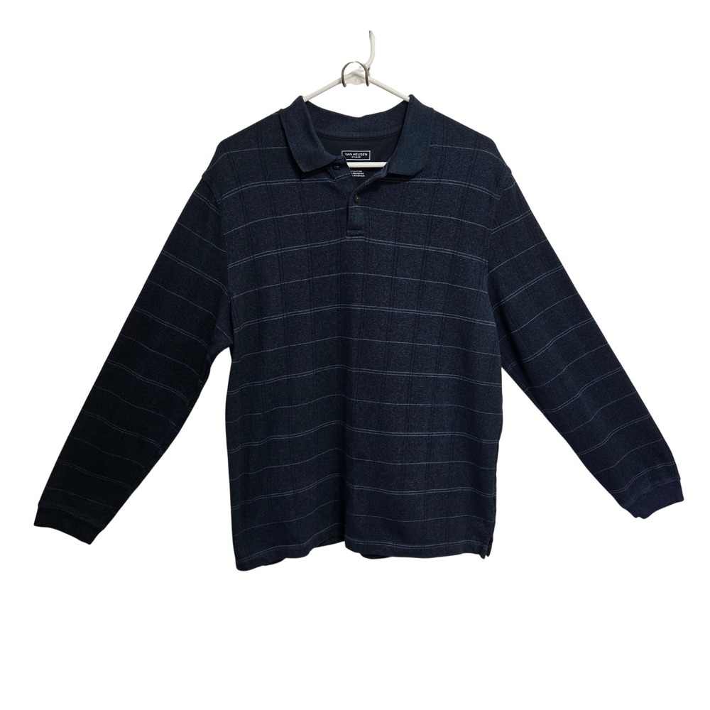 Van Heusen Flex Mens Large Long Sleeve Polo Shirt Navy Blue‎ Grid Classic Fit